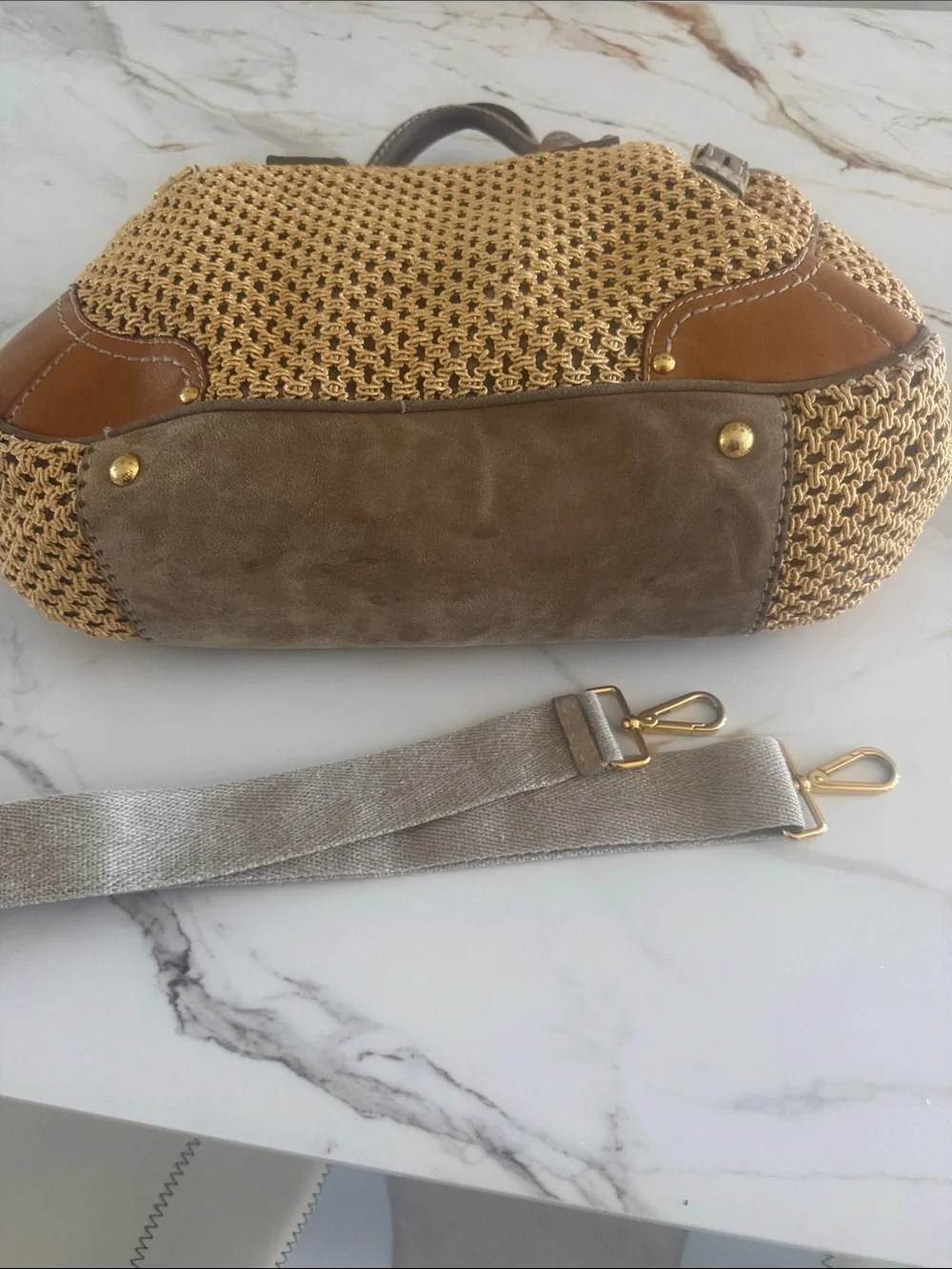 Prada Yellow Crochet Shoulder Bag with Taupe Leather Trim